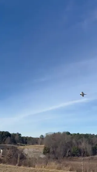 A small white aircraft passing overhead against a blue winter sky above a dry field