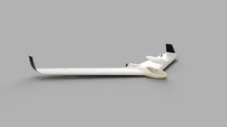 CAD render of a white swept flying wing with dark upturned winglets, a central pod and a rear motor, on a plain grey background