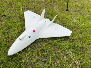 White 3D-printed jet-style delta with twin swept fins, a nose camera and red antenna, resting in green grass